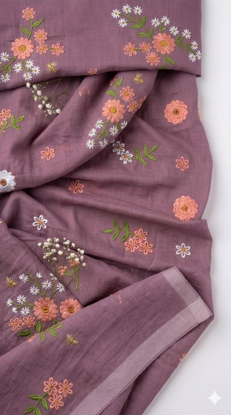 DUSTY PURPLE Floral Embroiderd Mul Chanderi Fabric