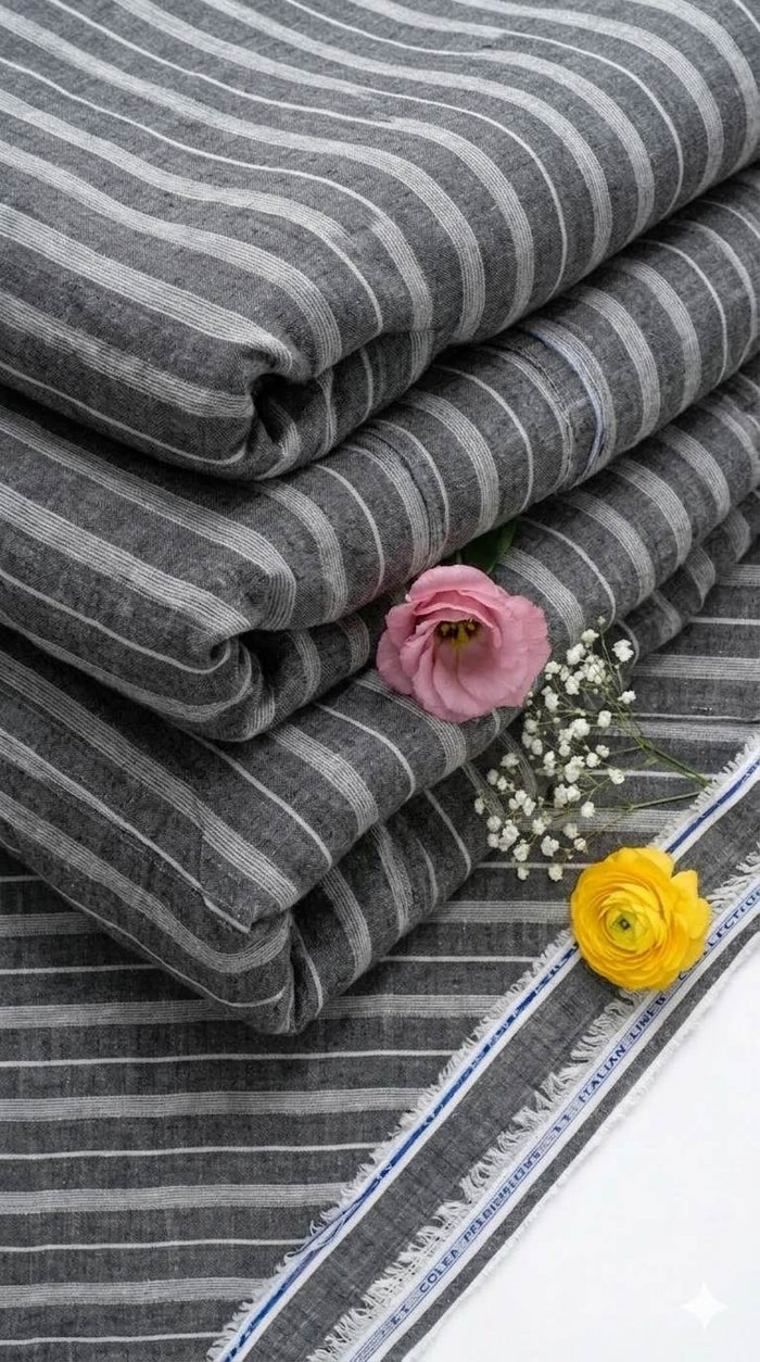 Dusty Black with white Thin & Wide strips Cotton Linen Fabric