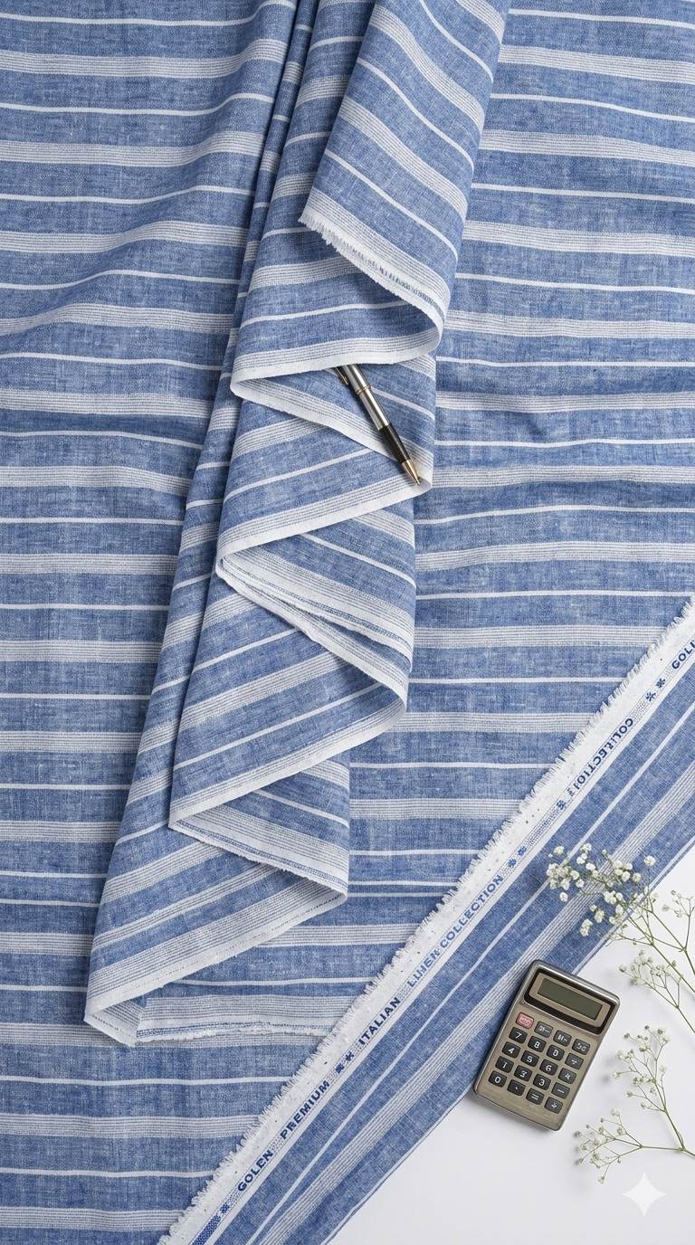 Denim Blue with white Thin & Wide strips Cotton Linen Fabric