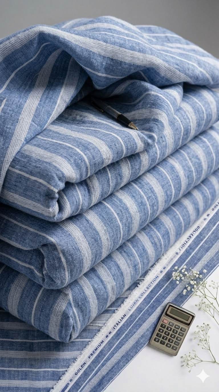 Denim Blue with white Thin & Wide strips Cotton Linen Fabric