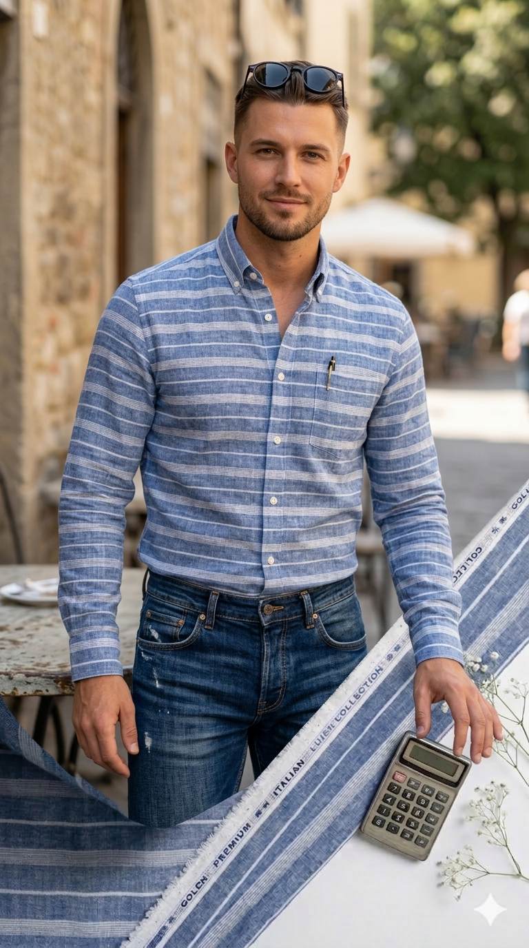 Denim Blue with white Thin & Wide strips Cotton Linen Fabric
