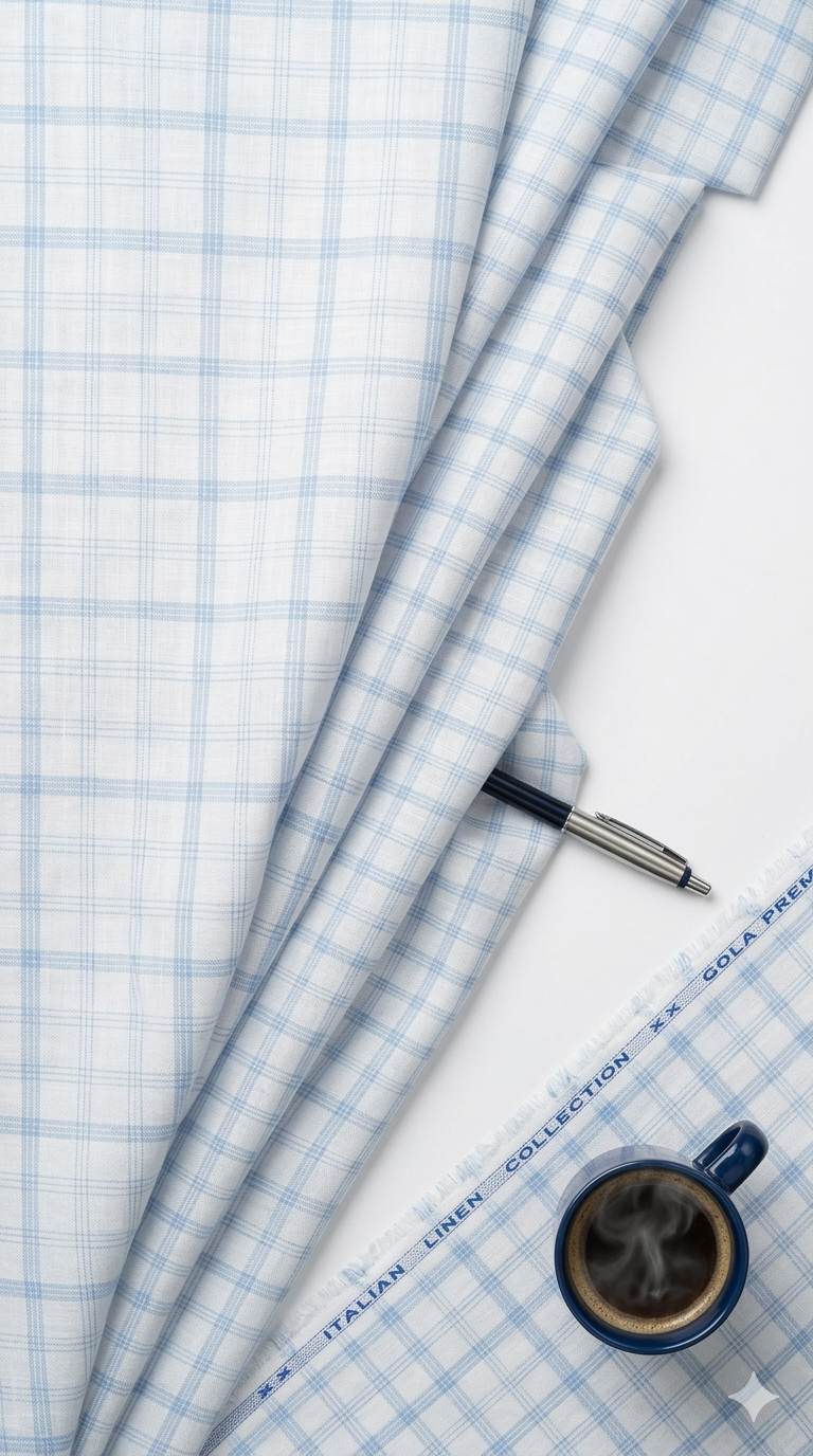 Off White (Bluish tone) With  Blue Checks Cotton Linen Fabric