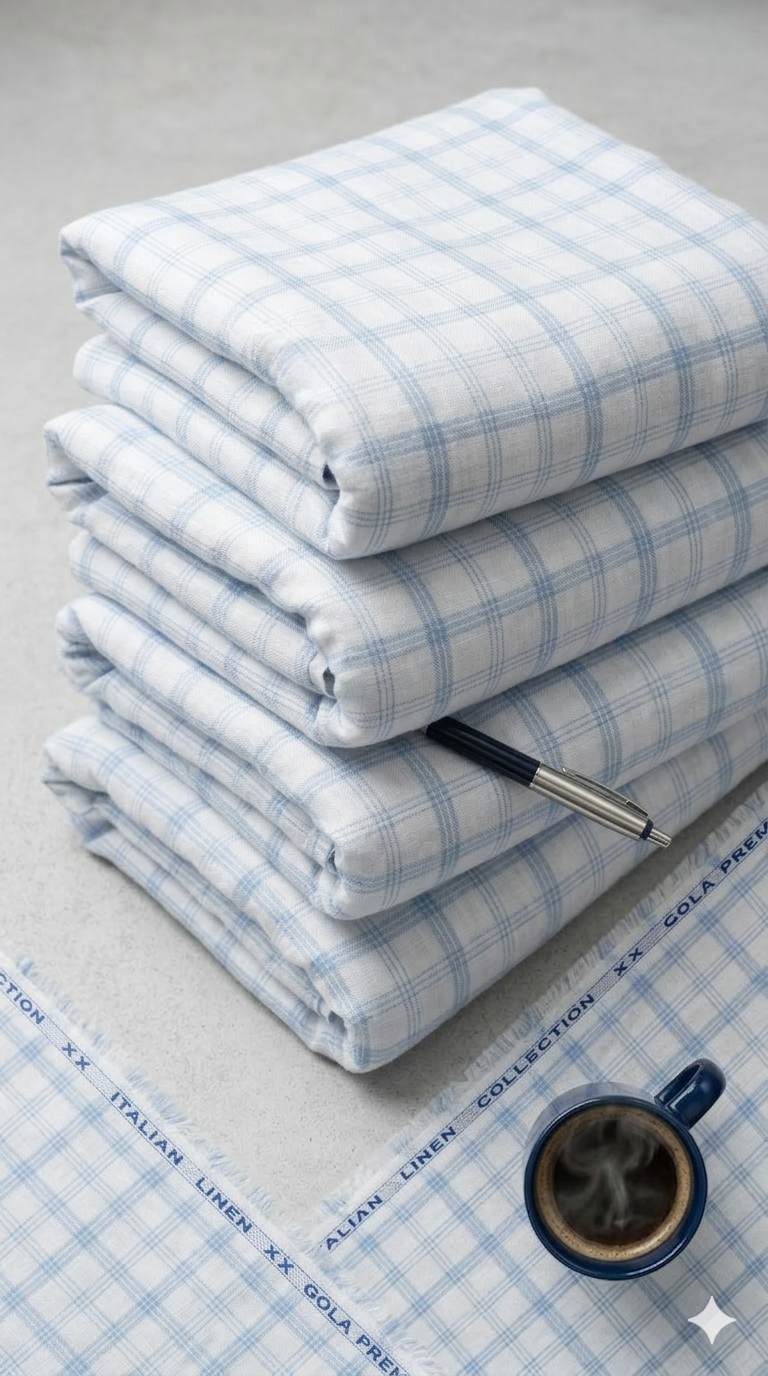 Off White (Bluish tone) With  Blue Checks Cotton Linen Fabric