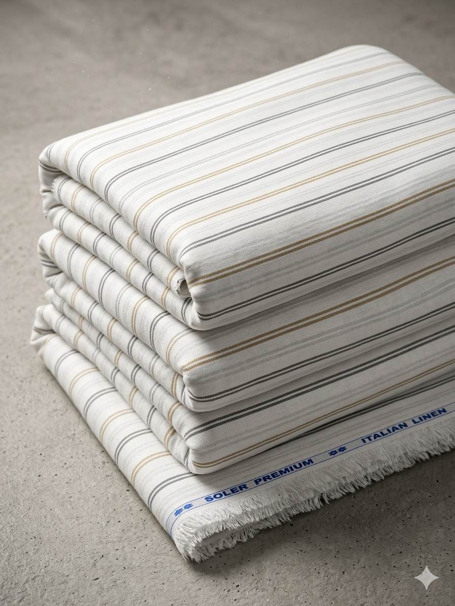 Off White with Grey & Beige Twin strips premium Cotton Linen Fabric