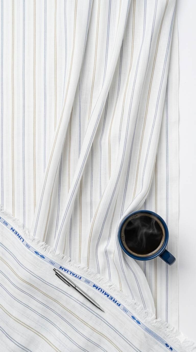Off White with Grey & Beige Twin strips premium Cotton Linen Fabric