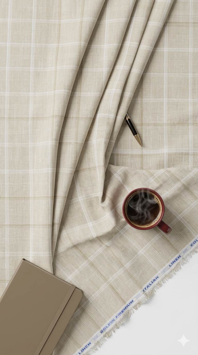 Beige with white  Checks Premium Cotton Linen Fabric