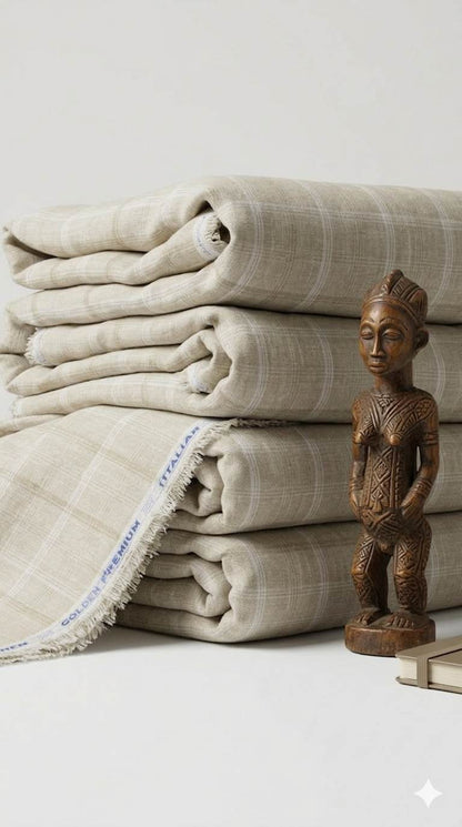 Beige with white  Checks Premium Cotton Linen Fabric