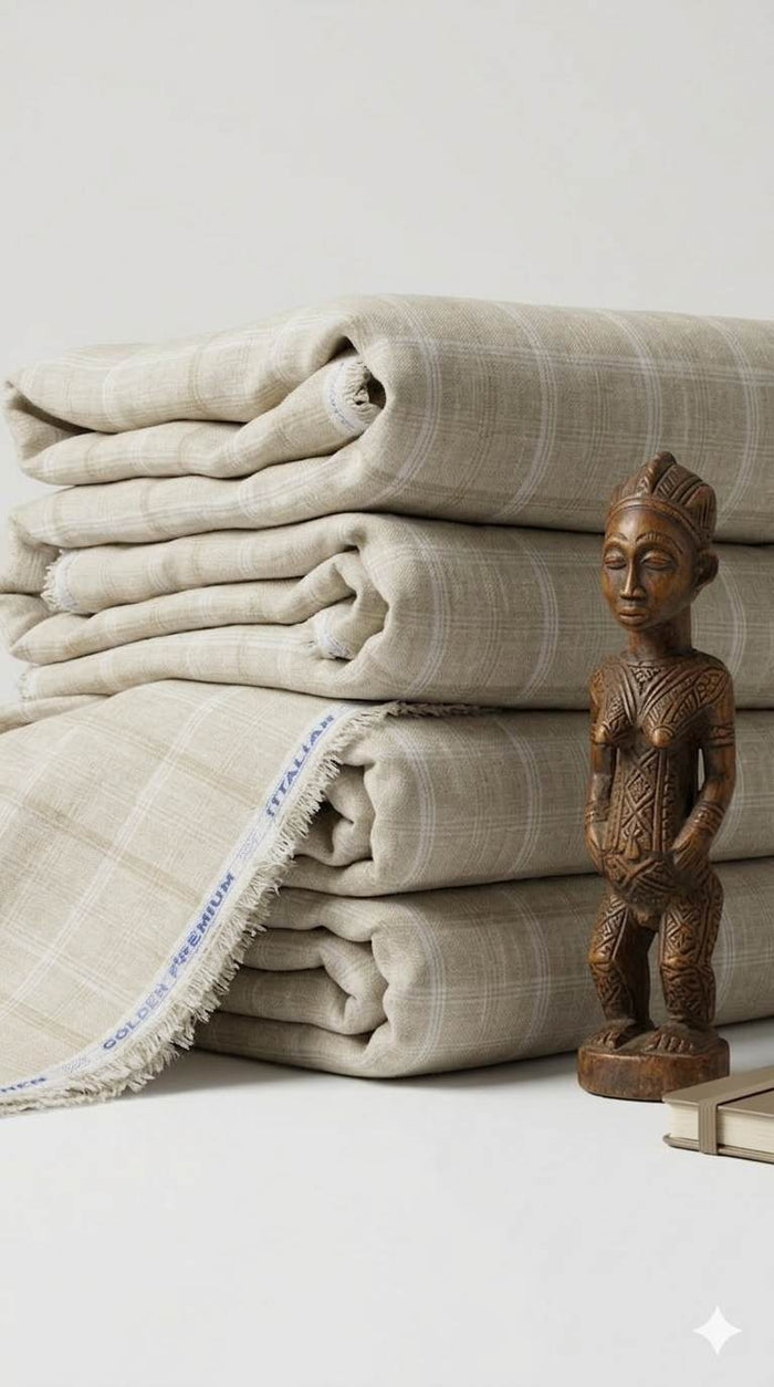 Beige with white  Checks Premium Cotton Linen Fabric