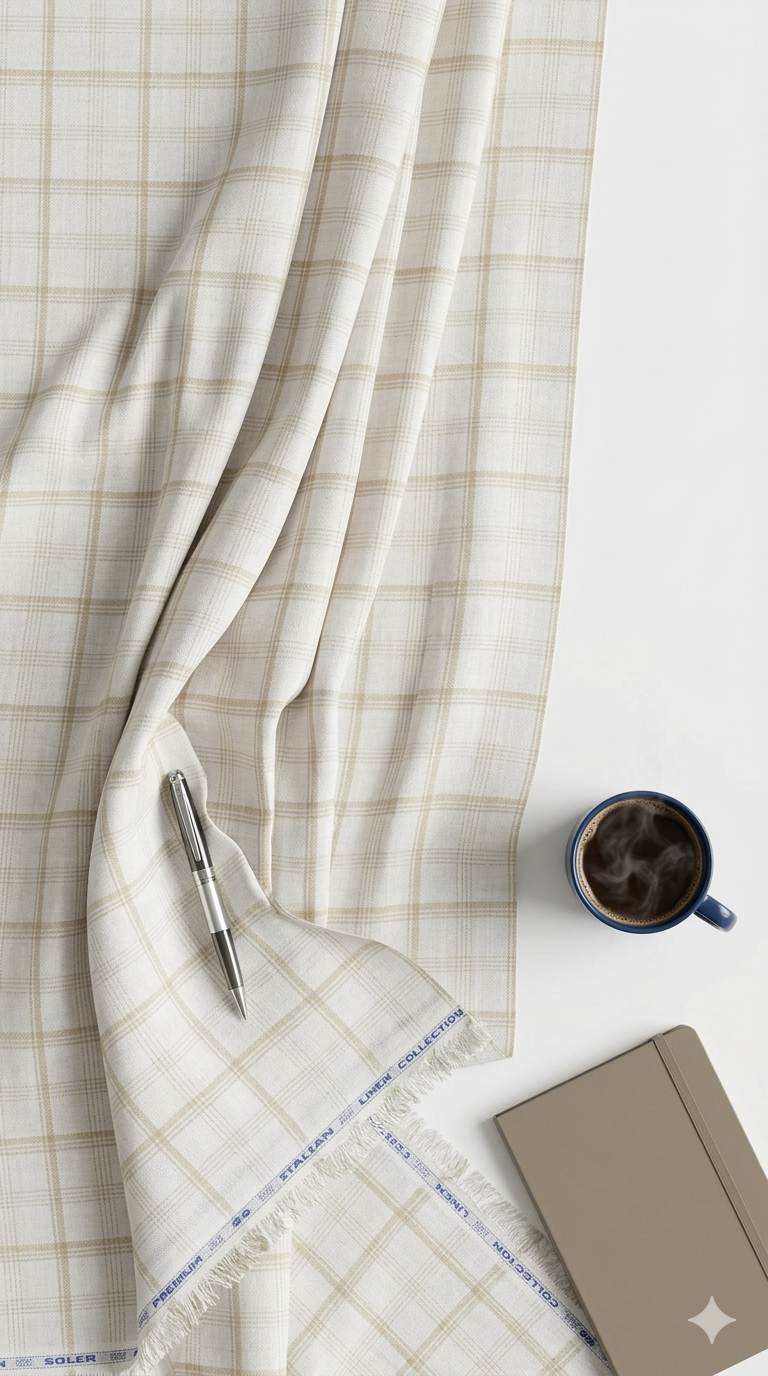 White with Beige Checks Premium Cotton Linen Fabric