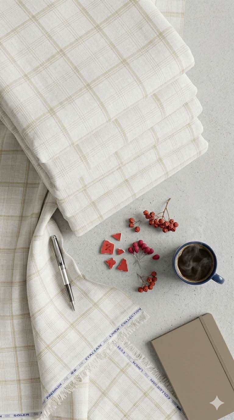 White with Beige Checks Premium Cotton Linen Fabric