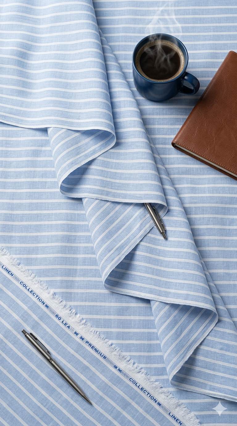 Blue with White strips premium Cotton Linen Fabric