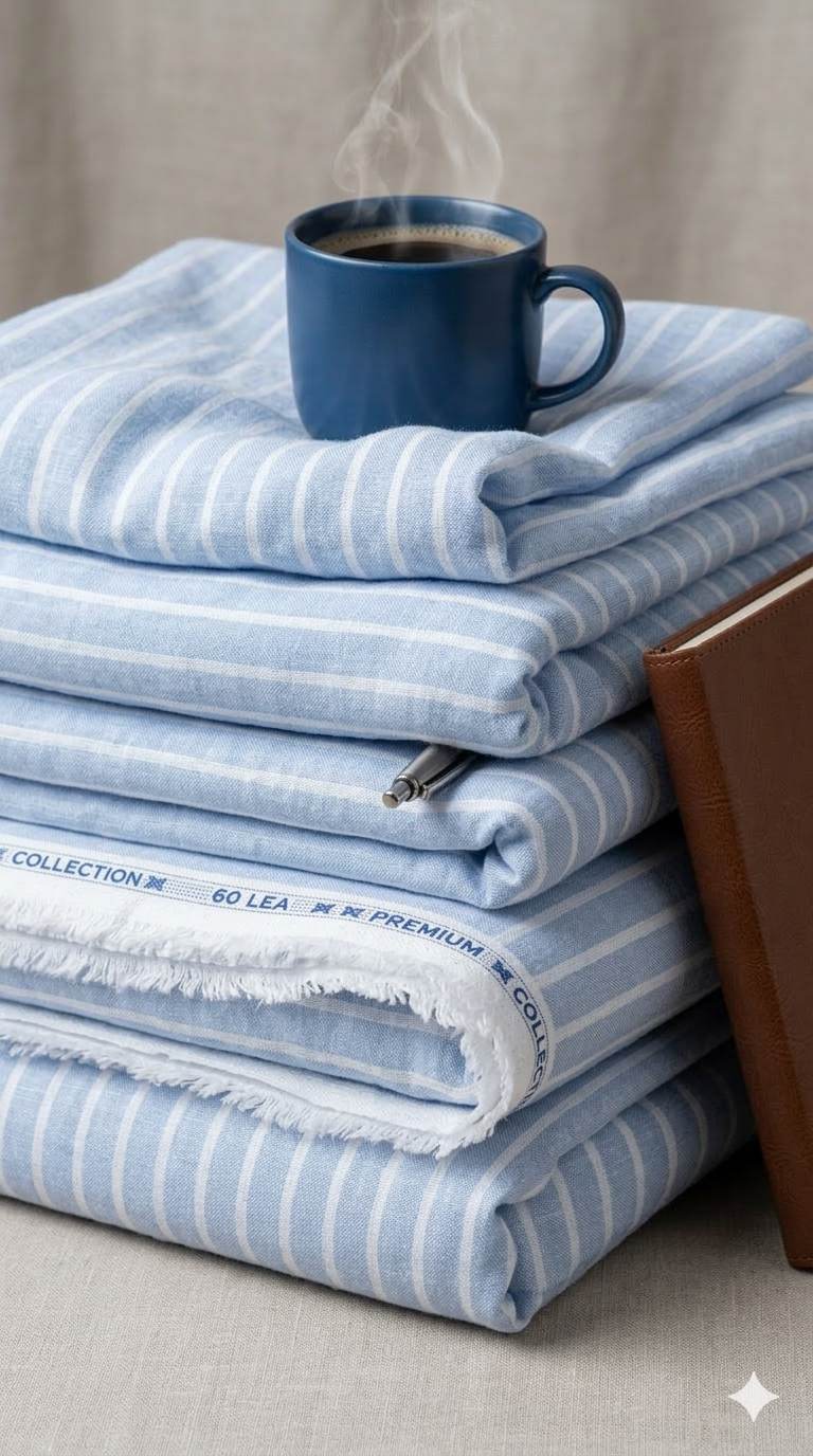 Blue with White strips premium Cotton Linen Fabric