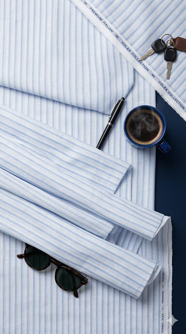 White with  Blue strips premium Cotton Linen Fabric