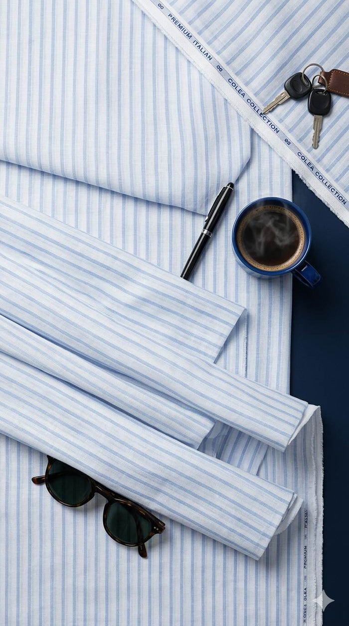 White with  Blue strips premium Cotton Linen Fabric