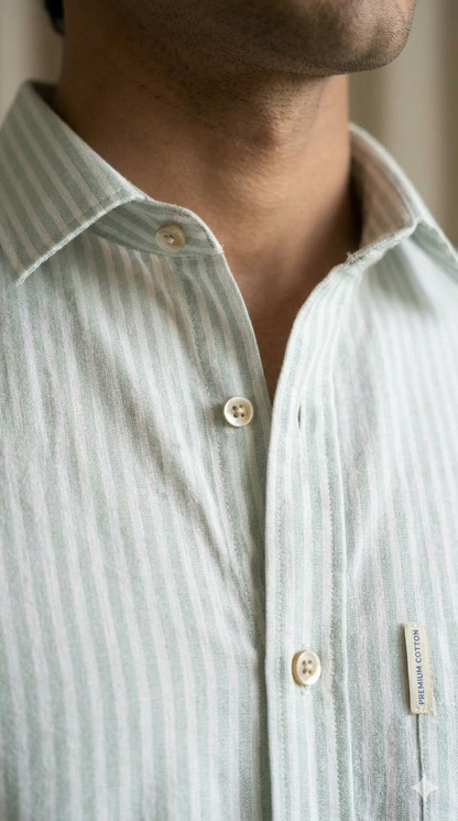 White with Pista Green strips premium Cotton Linen Fabric