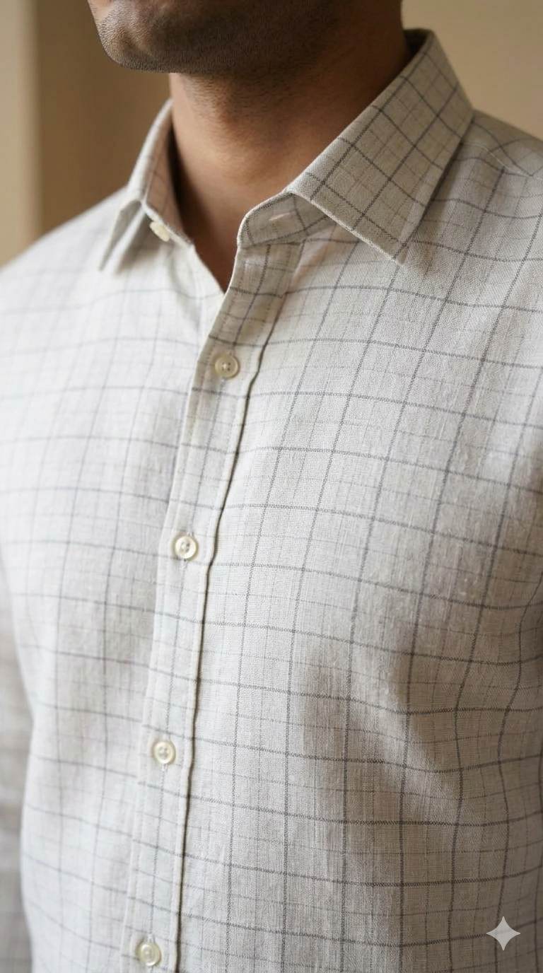 Off White(Beigish tone) with white and Beige Checks Premium Cotton Linen Fabric