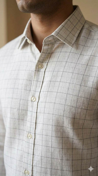 Off White(Beigish tone) with white and Beige Checks Premium Cotton Linen Fabric