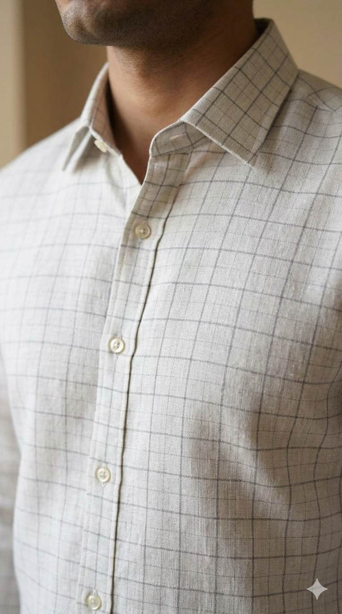 Off White(Beigish tone) with white and Beige Checks Premium Cotton Linen Fabric