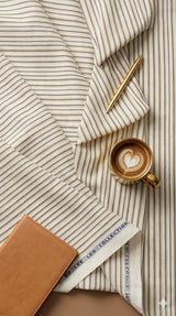 Beige & Brown Stripes on Off white 60 lea Premium Cotton Linen Fabric