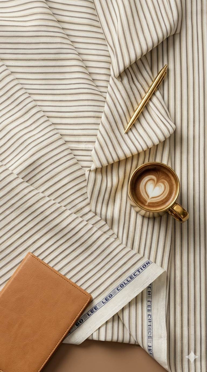 Beige & Brown Stripes on Off white 60 lea Premium Cotton Linen Fabric