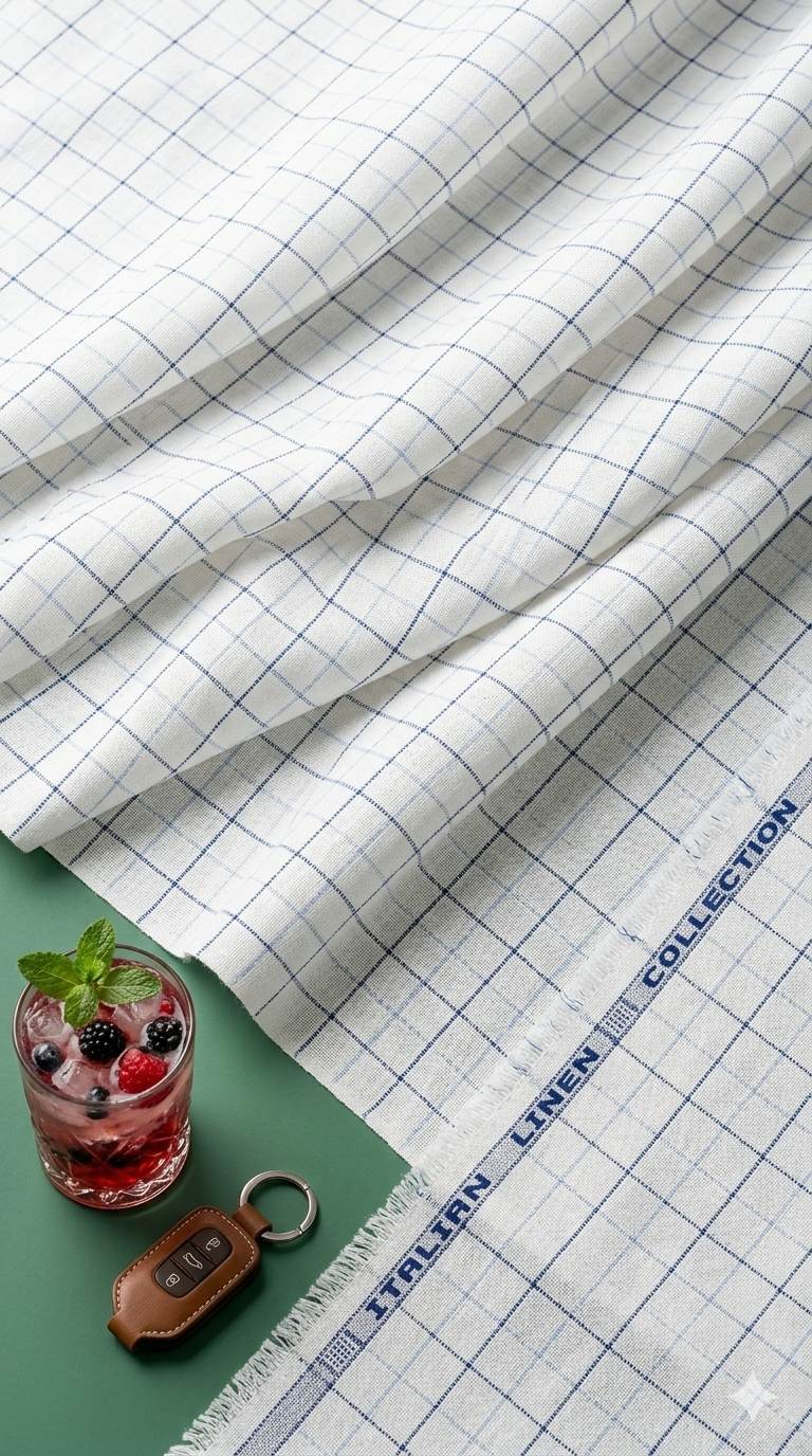 Off White with light Blue and Dark Blue Checks Premium Cotton Linen Fabric