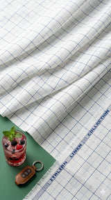 Off White with light Blue and Dark Blue Checks Premium Cotton Linen Fabric