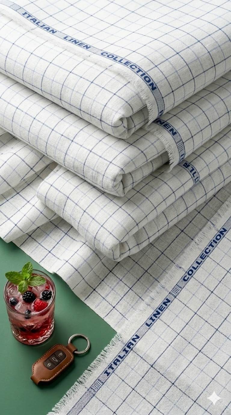 Off White with light Blue and Dark Blue Checks Premium Cotton Linen Fabric