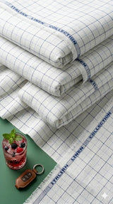 Off White with light Blue and Dark Blue Checks Premium Cotton Linen Fabric