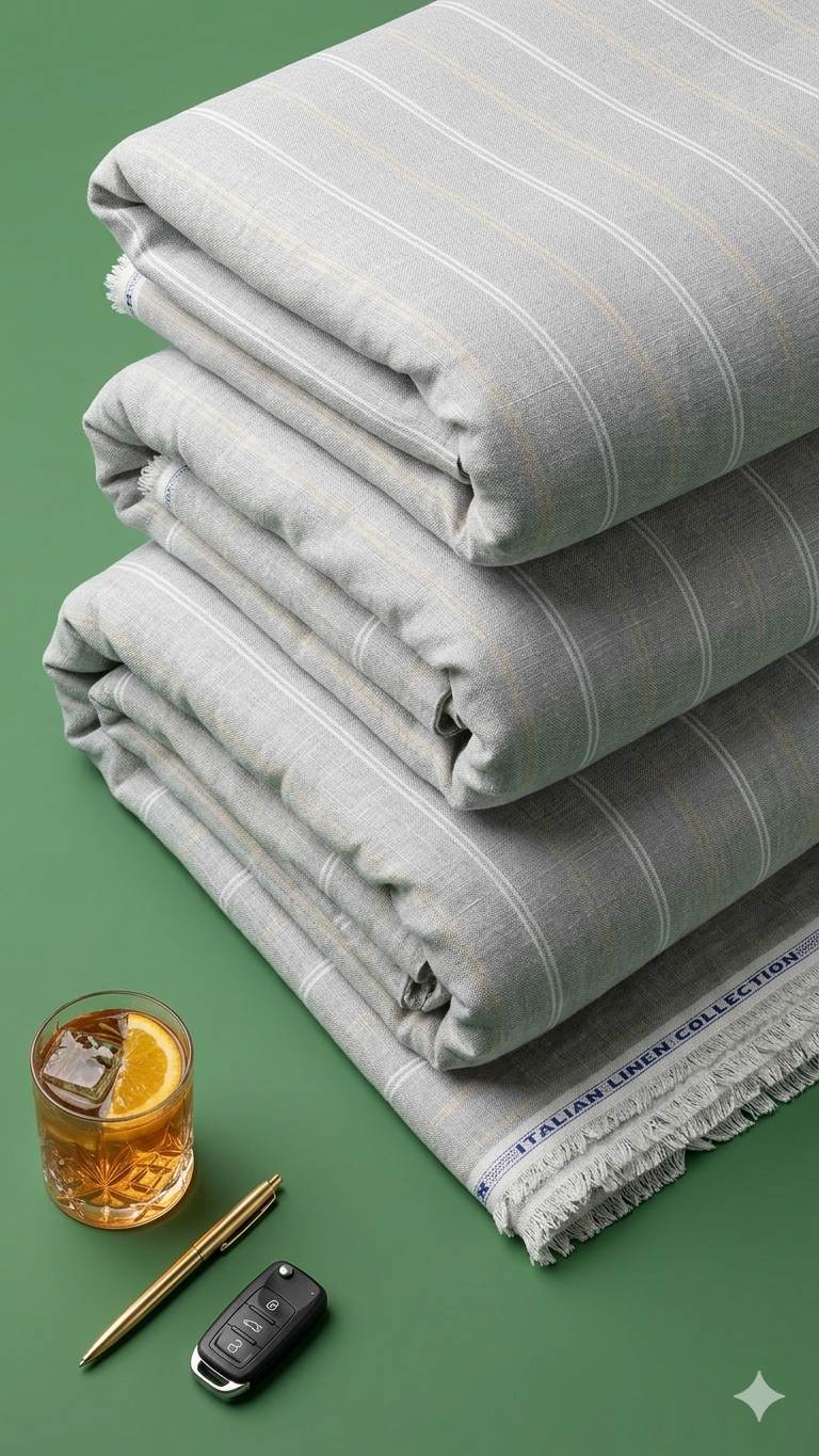 Grey with white twin thin stripes  and beige Line Premium Cotton Linen Fabric