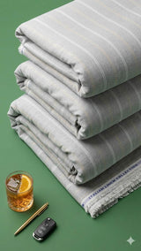Grey with white twin thin stripes  and beige Line Premium Cotton Linen Fabric