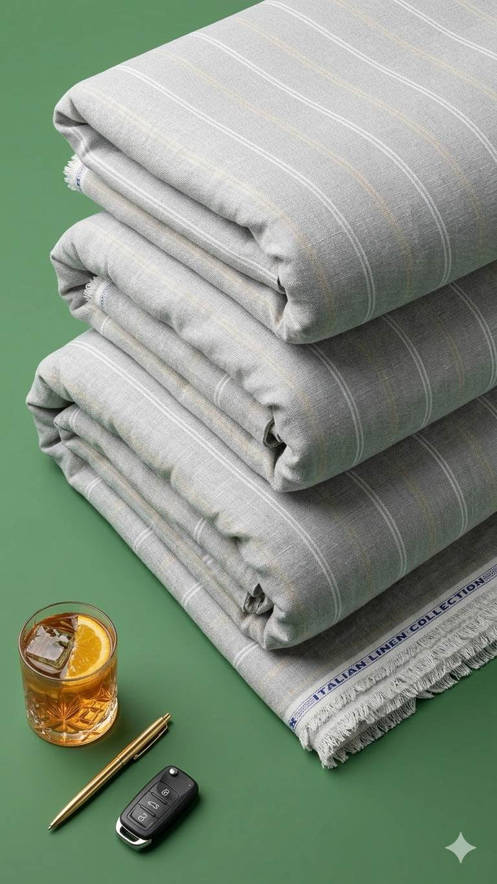 Grey with white twin thin stripes  and beige Line Premium Cotton Linen Fabric