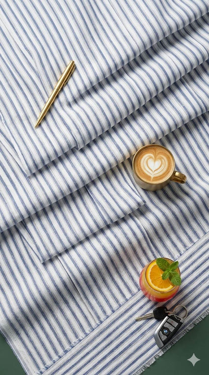 Blue & Grey Stripes on Off white 60 lea Premium Cotton Linen Fabric