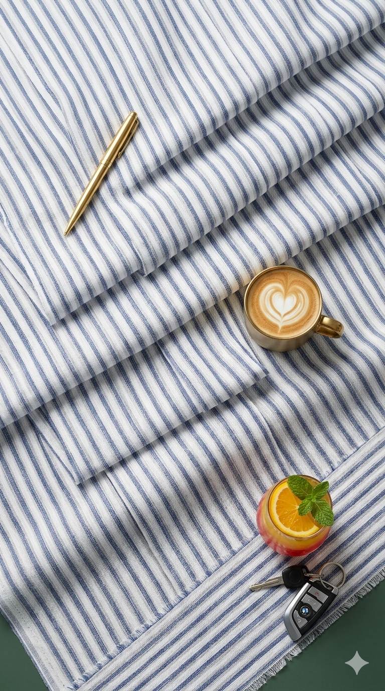 Blue & Grey Stripes on Off white 60 lea Premium Cotton Linen Fabric