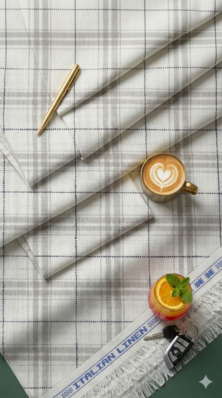 Off White with white and Beige Big Checks Premium Cotton Linen Fabric