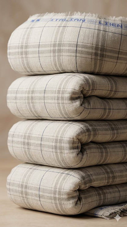 Off White with white and Beige Big Checks Premium Cotton Linen Fabric