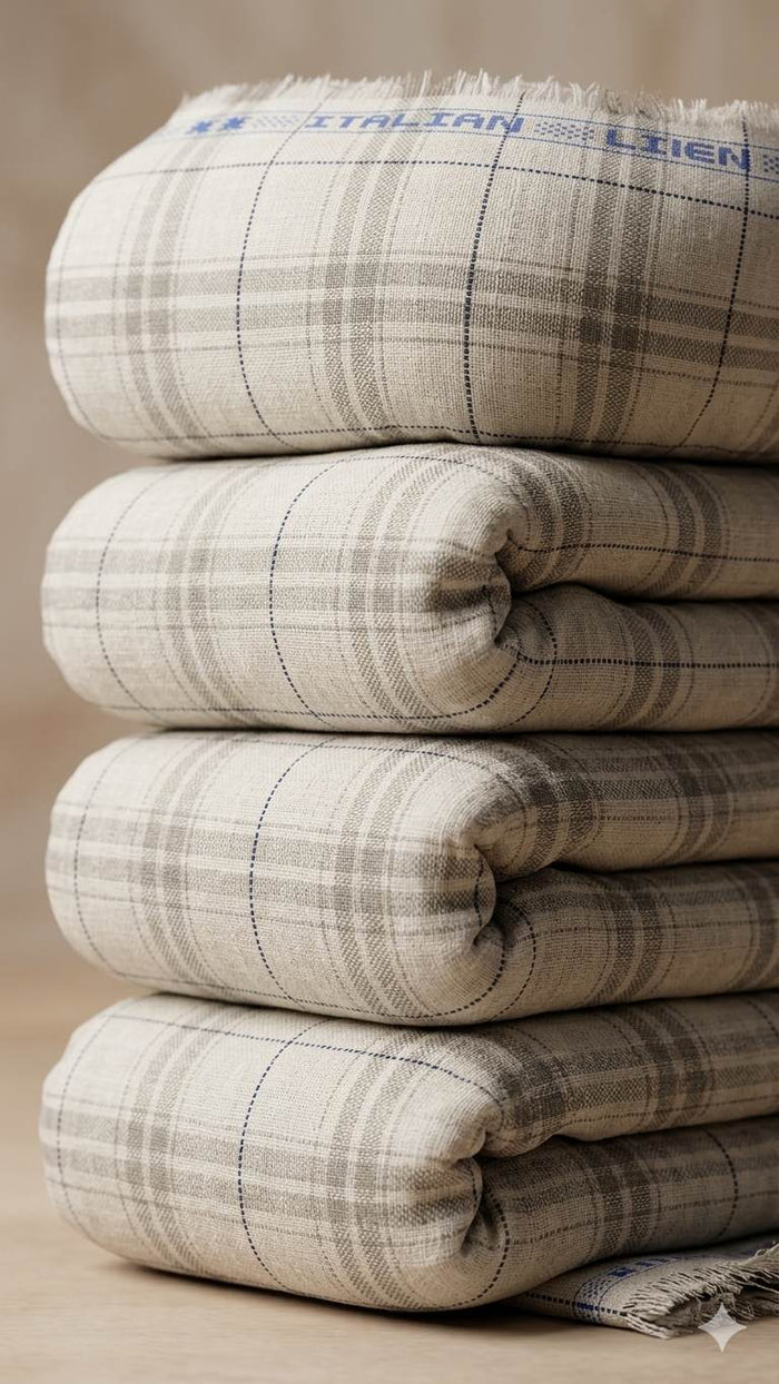 Off White with white and Beige Big Checks Premium Cotton Linen Fabric