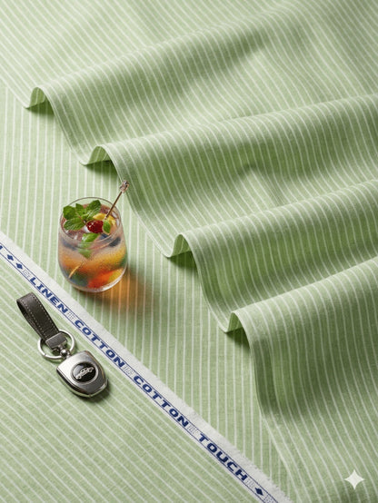 White Stripes on Pista Green  60 lea Premium Cotton Linen Fabric