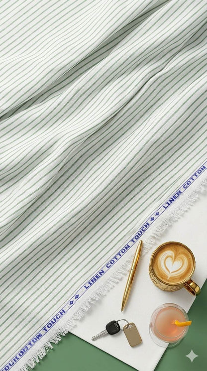 Pista Green Stripes on White  60 lea Premium Cotton Linen Fabric