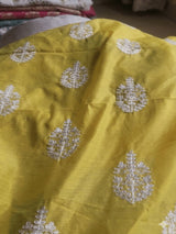 Greenish Yellow Chanderi fabric Embroidered with White Cord