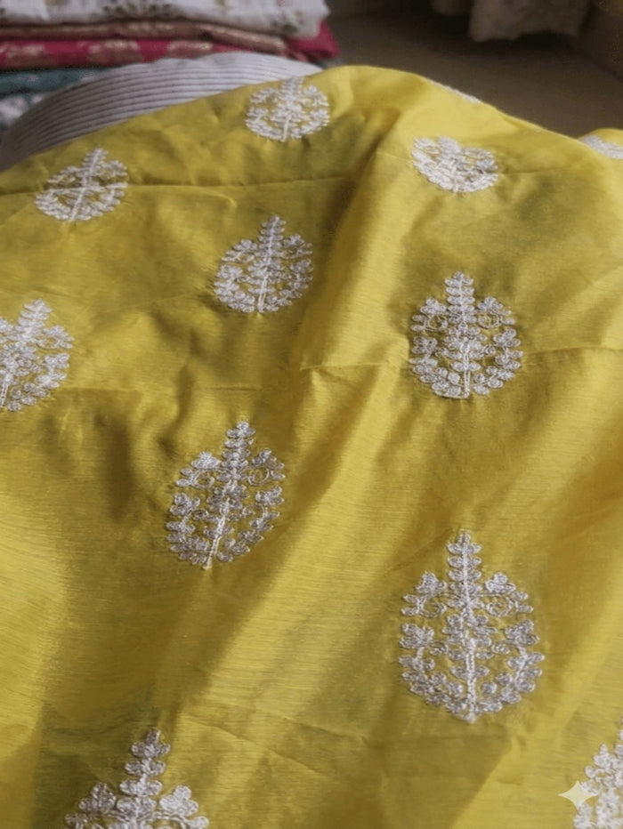 Greenish Yellow Chanderi fabric Embroidered with White Cord