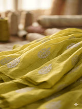 Greenish Yellow Chanderi fabric Embroidered with White Cord