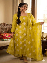 Greenish Yellow Chanderi fabric Embroidered with White Cord
