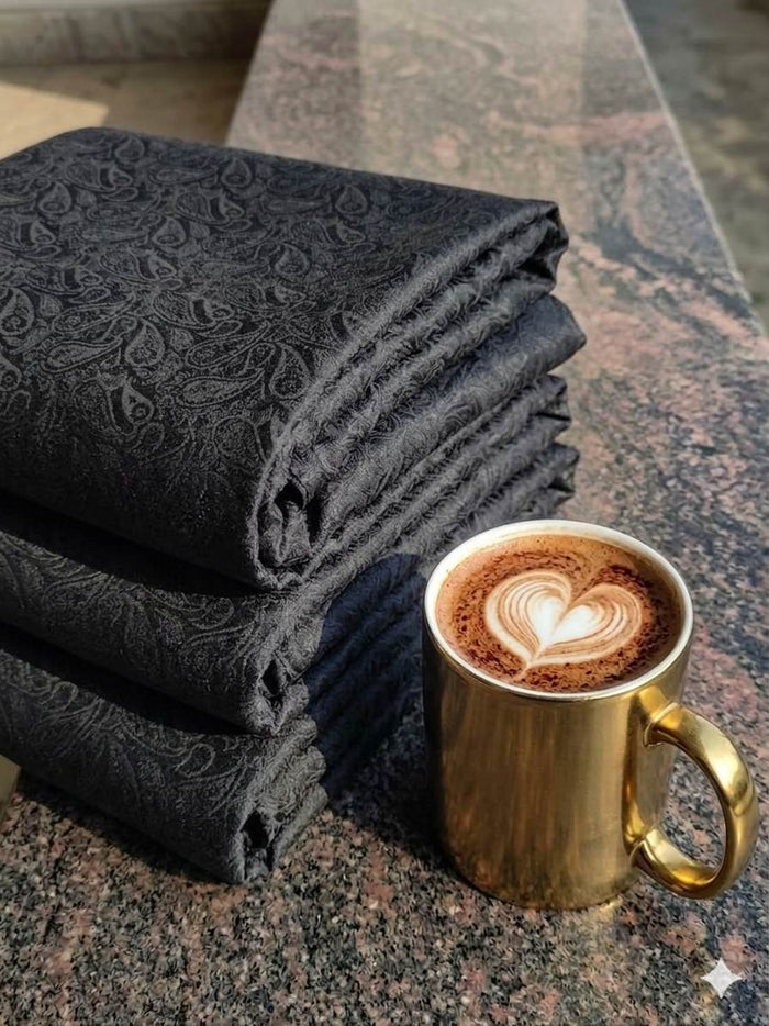 Dark Black jacquard  intricate paisley pattern and silk texture Cotton Fabric