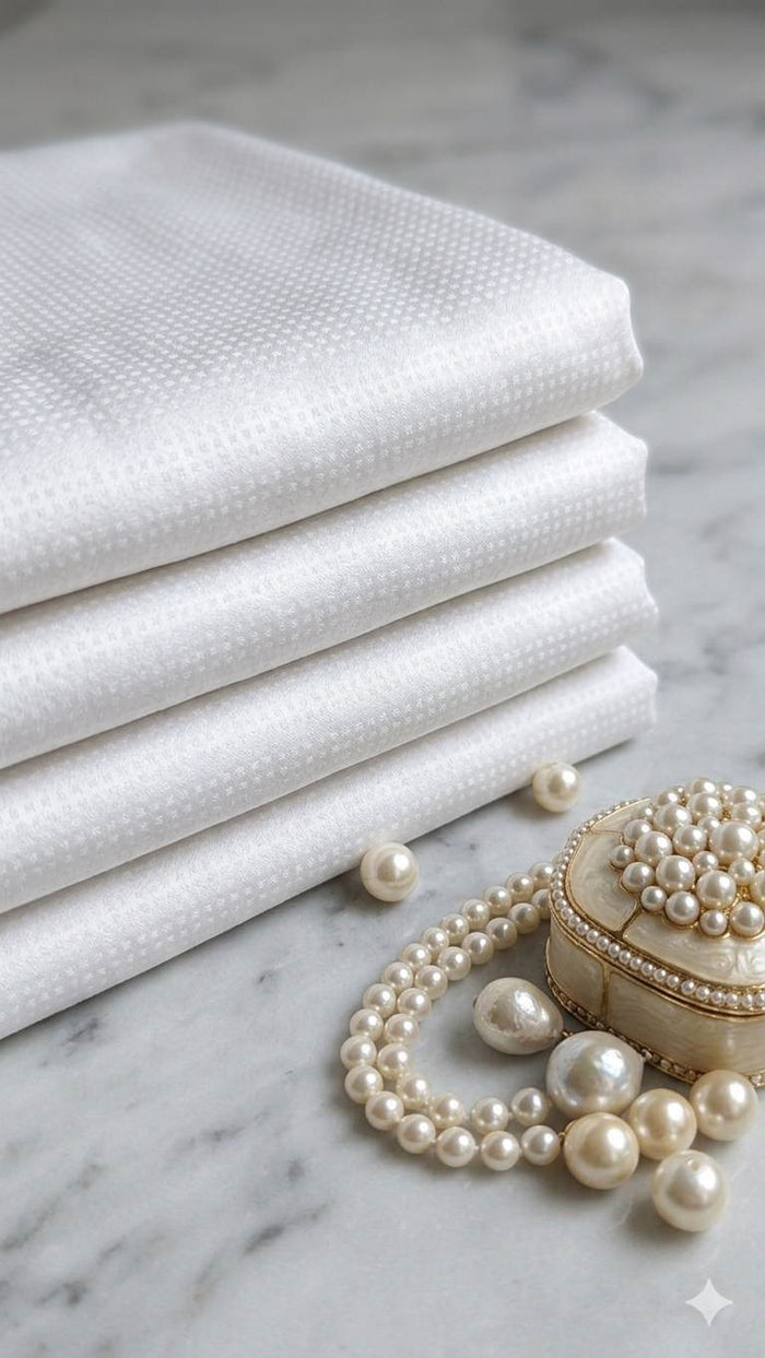White jacquard  intricate Square pattern and silk texture Cotton Fabric
