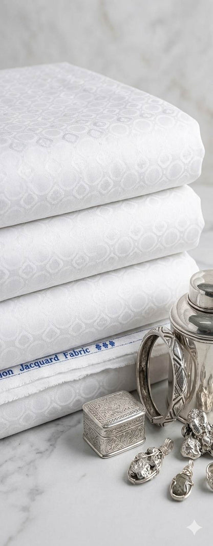 White jacquard  intricate Drop pattern and silk texture Cotton Fabric