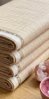 Beige On Pink Checks 100% Pure Natural Linen Fabric (0% Cotton)