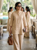 Beige On Pink Checks 100% Pure Natural Linen Fabric (0% Cotton)
