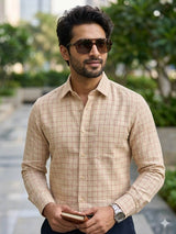 Beige On Pink Checks 100% Pure Natural Linen Fabric (0% Cotton)