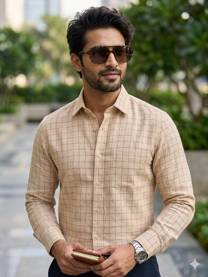 Beige On Pink Checks 100% Pure Natural Linen Fabric (0% Cotton)