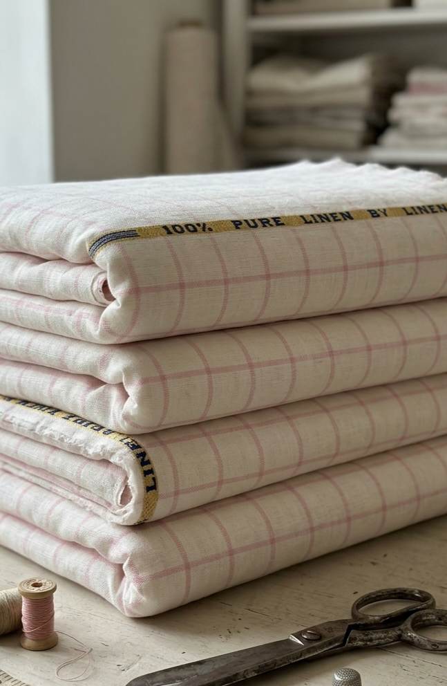 White On Pink Checks 100% Pure Natural Linen Fabric (0% Cotton)
